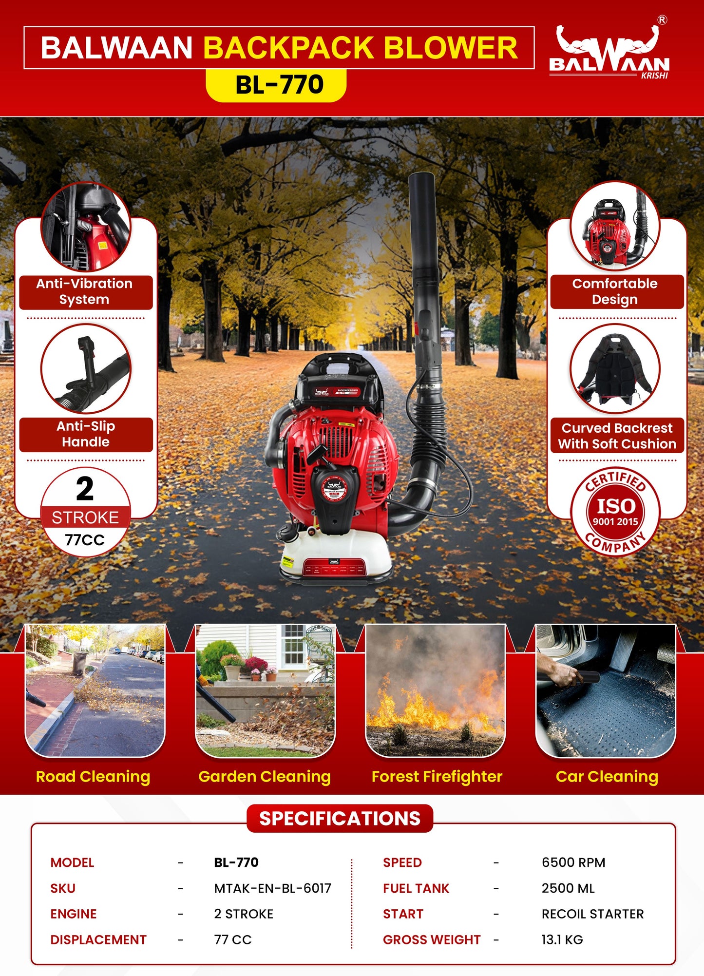 Balwaan Krishi Leaf Backpack Blower Petrol Operated | 77cc 2-Stroke Engine | 6500 RPM | 2.5L Fuel Tank | Ideal for Lawn Cleaning, Yard Work, Dust, Snow & Debris Removal|BL-770