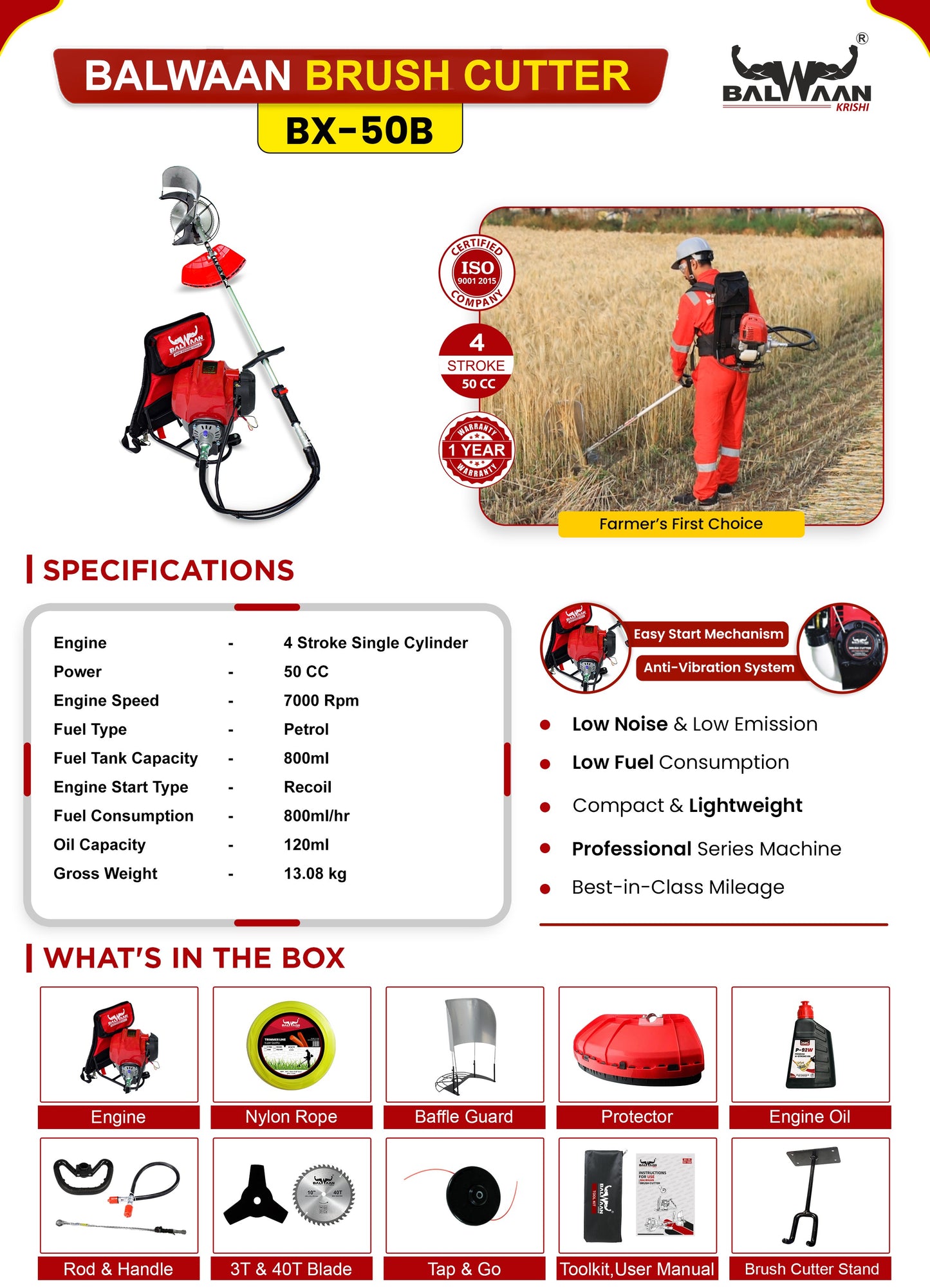 Balwaan Back Pack Brush Cutter Bx-50B | 50cc 4 Stroke Petrol Operated Crop Cutter Machine | Backpack Design for Comfortable Operation for Harvest Paddy & Wheat