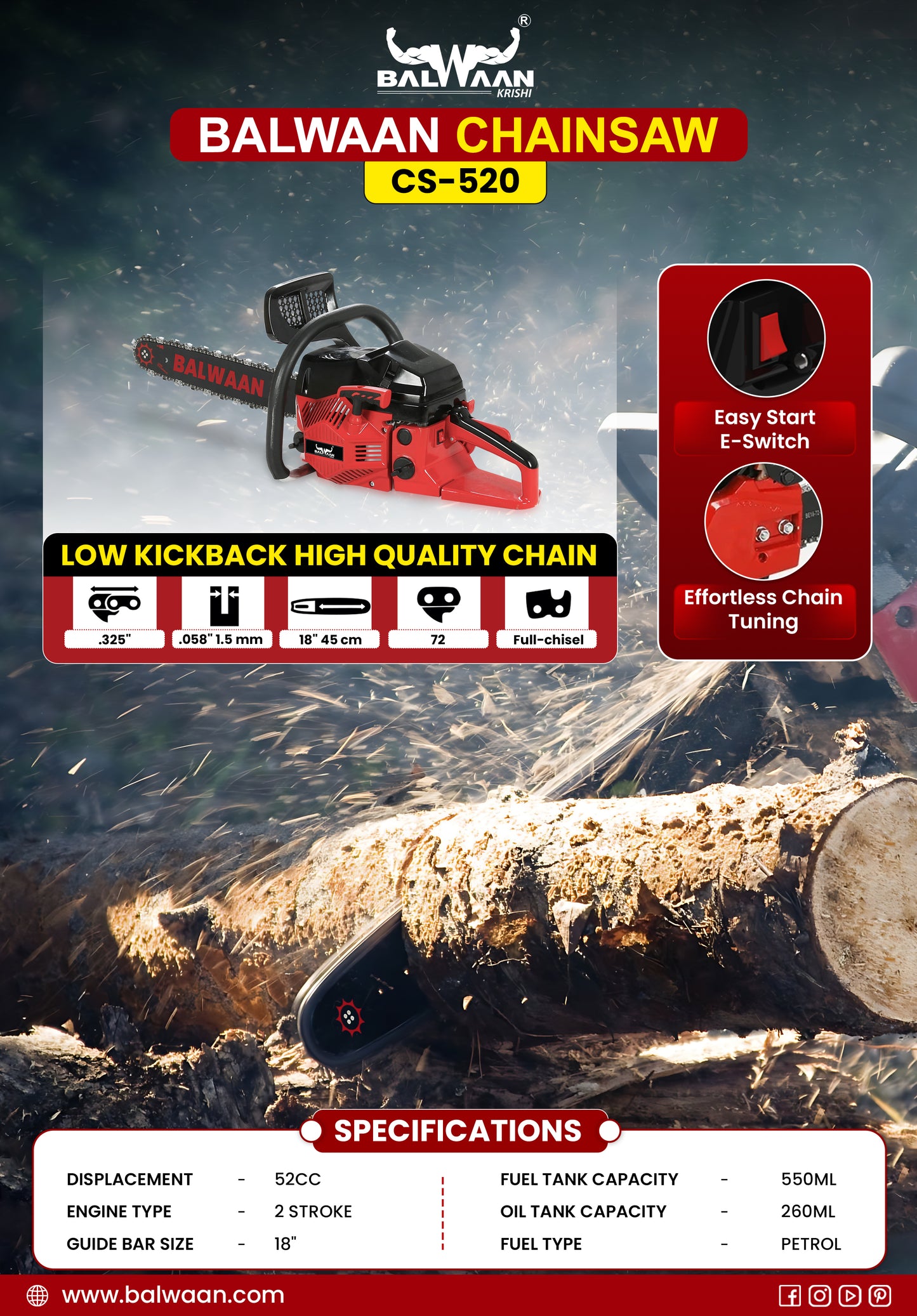 Balwaan Petrol Chainsaw| 52cc 2-Stroke Engine | 18 inch Guide Bar | 0.55L Fuel Tank | Heavy-Duty Wood Cutting Tool for Farming, Tree Felling, Branch Trimming & Outdoor Use|CS-520