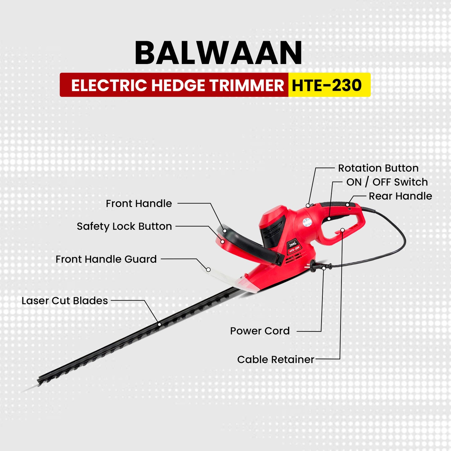 Balwaan Krishi Electric Pole Hedge Trimmer | 450W Electric Hedge Cutter | 16-Inch Blade | Adjustable Head | Lightweight, Low Noise Hedge Trimmer for Garden, Park & Tall Hedges | HTE-230