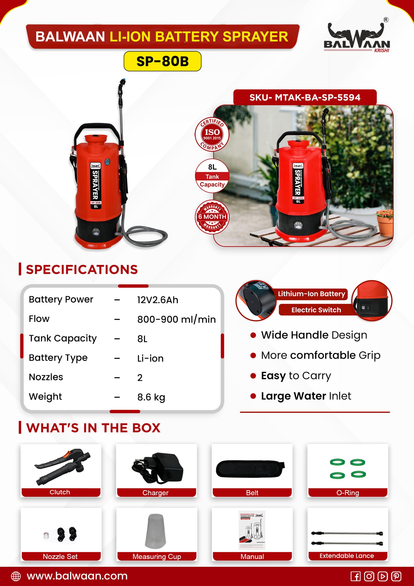 Balwaan Li-ion Battery Sprayer (8 Liters) SP-80B | 12 Volts x 2.6 Ampere Battery Garden Spray Pump, 8 Litre Tank Capacity Suitable for Garden Pest Control, Agricultural Sprayer Pump for Farm