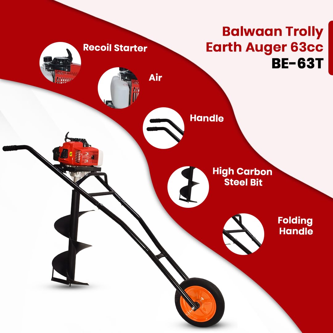 Balwaan Krishi Trolly Tree Planter 63cc 2 Stroke with 8 & 12 inch Planter, Trolley Design with Wheels for Convenient use, Free Engine Oil|BE-63T
