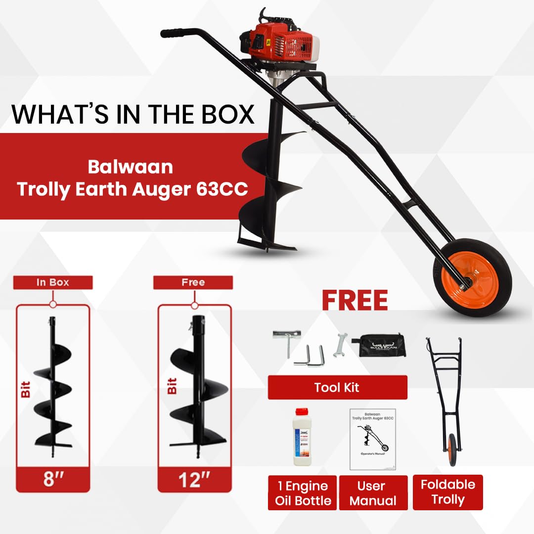 Balwaan Krishi Trolly Tree Planter 63cc 2 Stroke with 8 & 12 inch Planter, Trolley Design with Wheels for Convenient use, Free Engine Oil|BE-63T