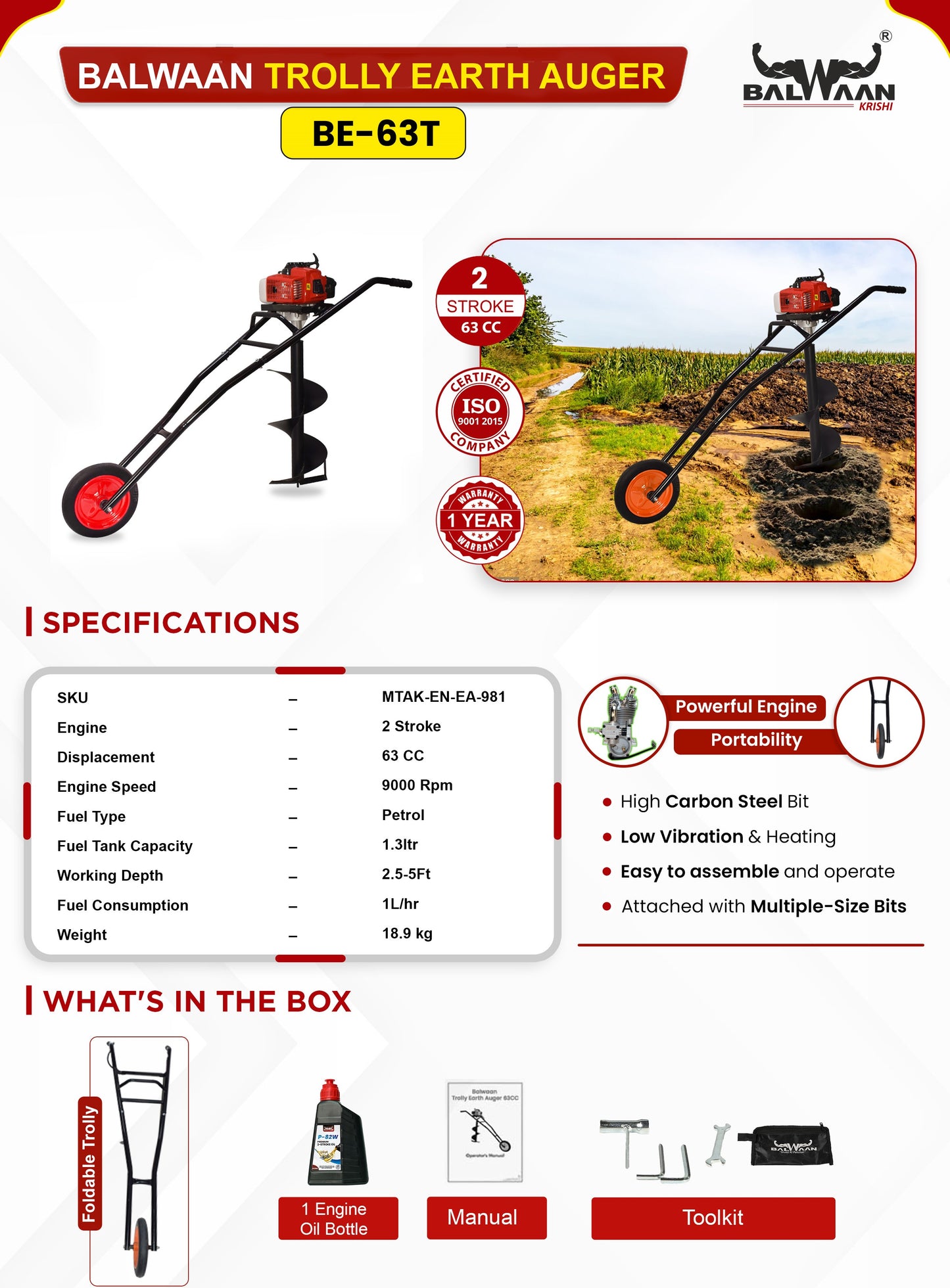 Balwaan Krishi Trolly Tree Planter 63cc 2 Stroke with 8 & 12 inch Planter, Trolley Design with Wheels for Convenient use, Free Engine Oil|BE-63T