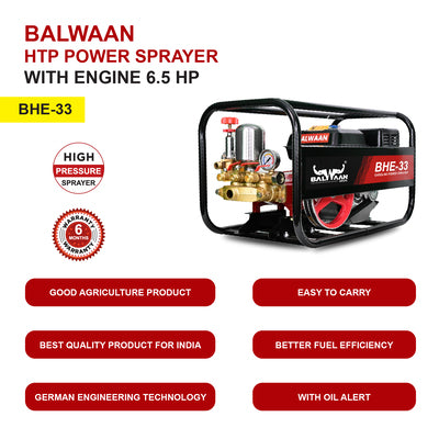 BALWAAN Krishi BHE-33 Portable HTP Power Sprayer for Agriculture with 6.5 HP 4 Stroke Engine for Gardening, Agriculture Use, Get Free 50 meter Hose Pipe, 1 Engine Oil Bottle & 2 Brass Gun|BHE 33
