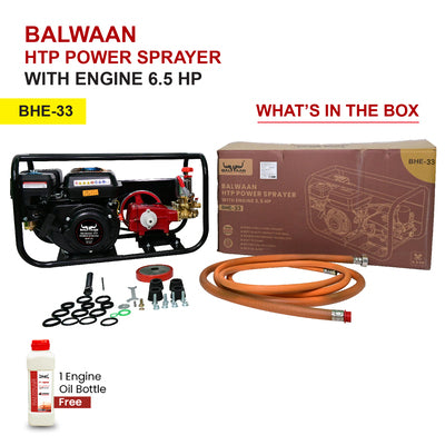 BALWAAN Krishi BHE-33 Portable HTP Power Sprayer for Agriculture with 6.5 HP 4 Stroke Engine for Gardening, Agriculture Use, Get Free 50 meter Hose Pipe, 1 Engine Oil Bottle & 2 Brass Gun|BHE 33