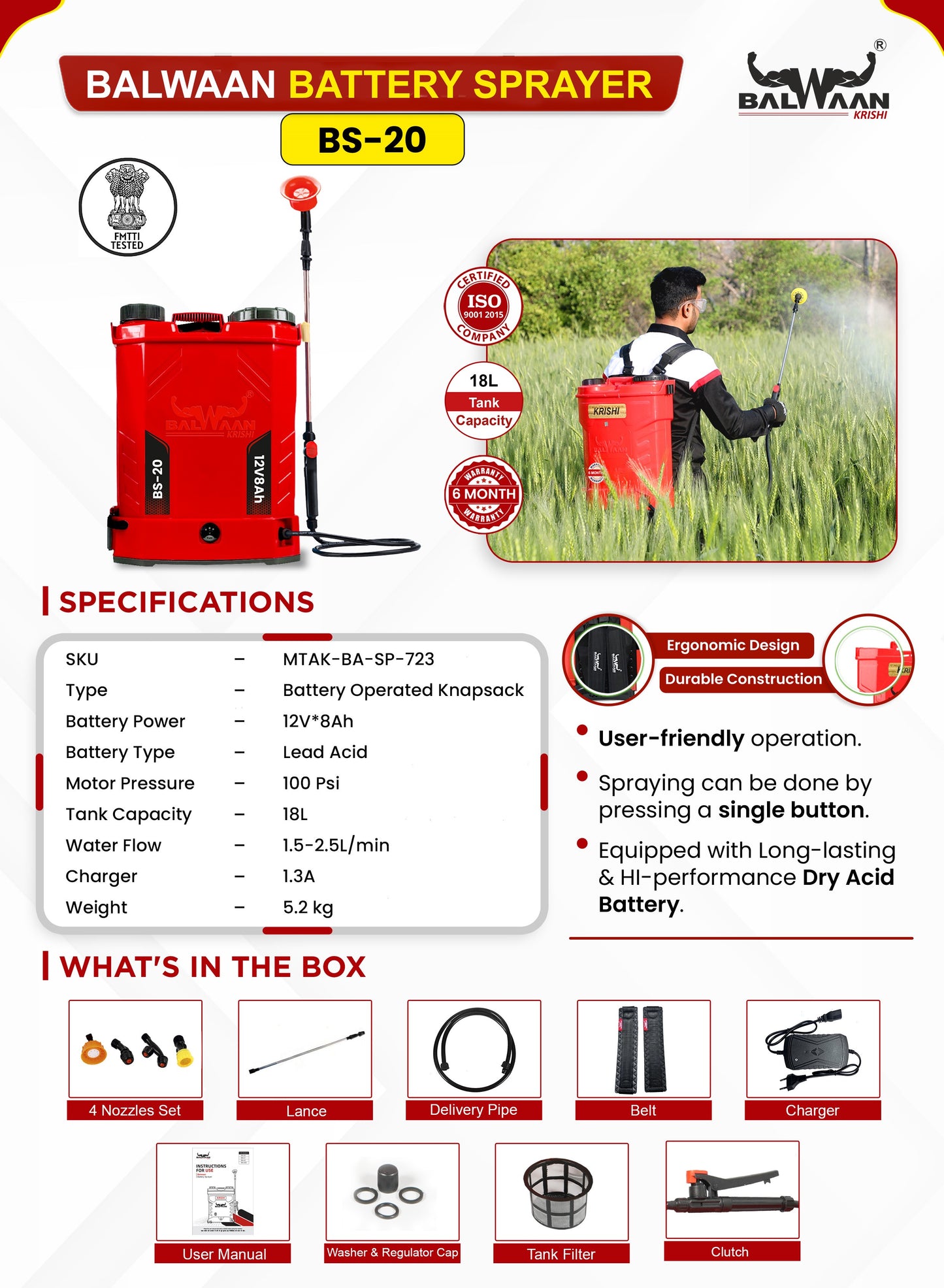 Balwaan Krishi Battery Sprayer (12x8) BS-20  | High Pressure up to 15 feet Spray
