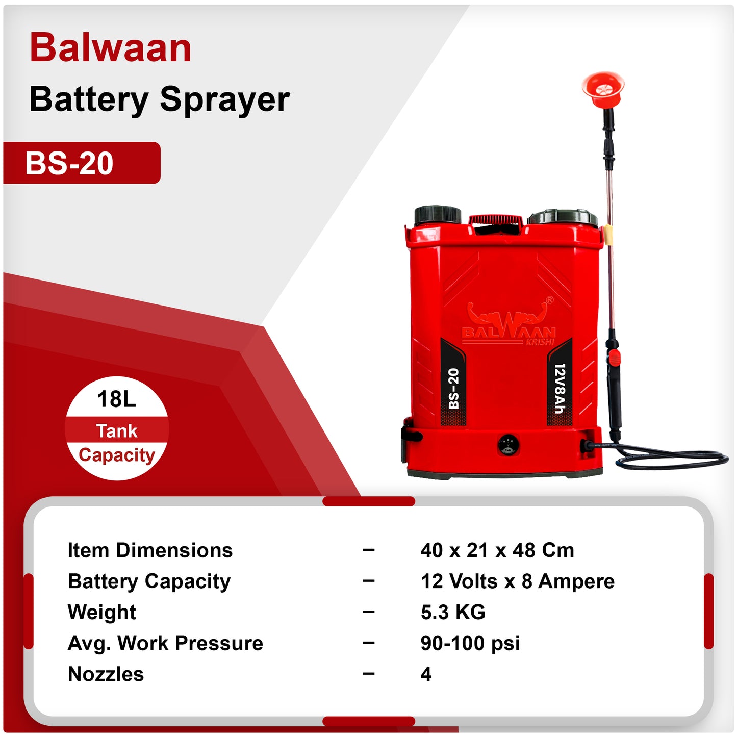 Balwaan Krishi Battery Sprayer (12x8) BS-20  | High Pressure up to 15 feet Spray