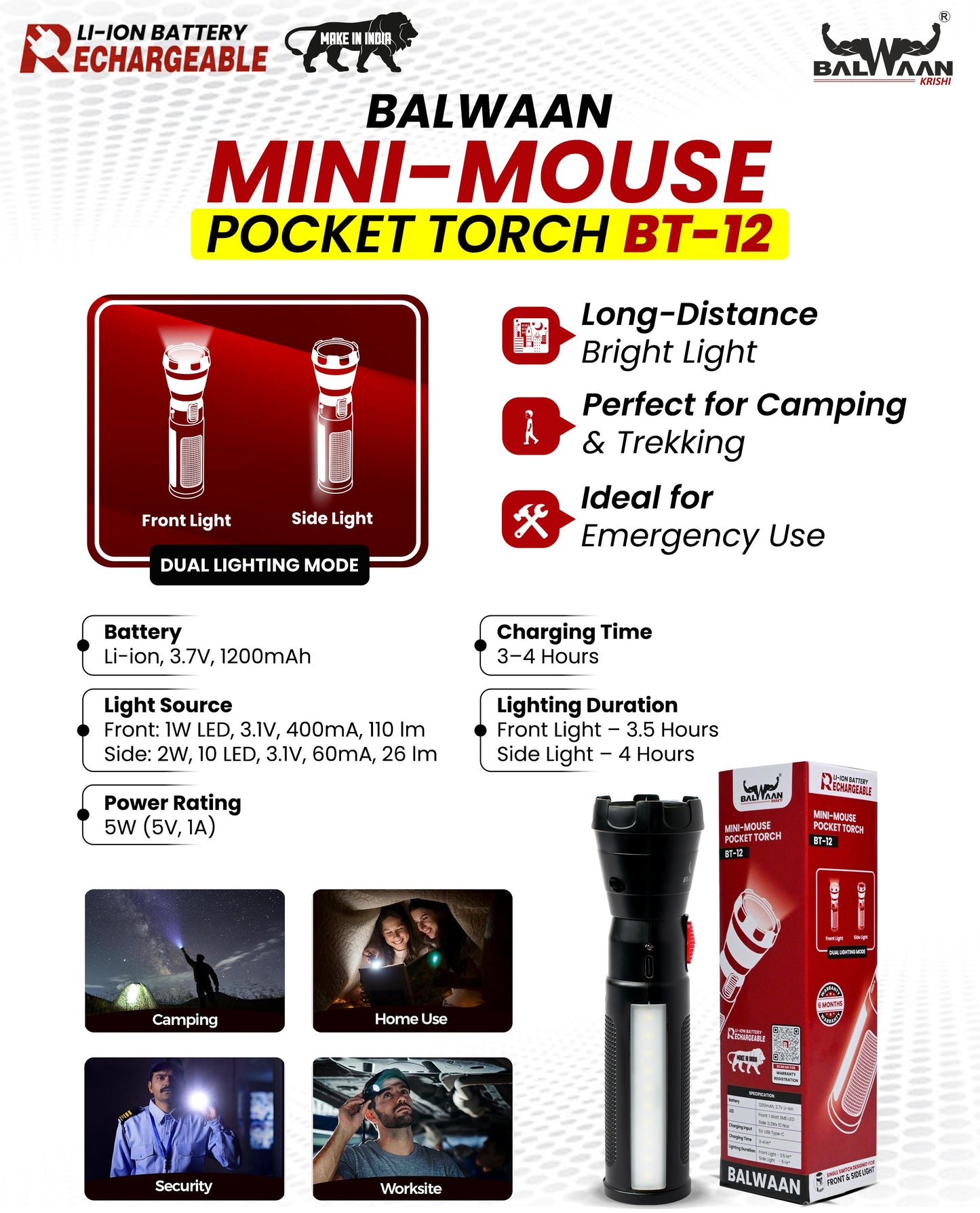 Balwaan Krishi Rechargeable LED Search Light Torch | Handheld Flashlight Torch BT-12