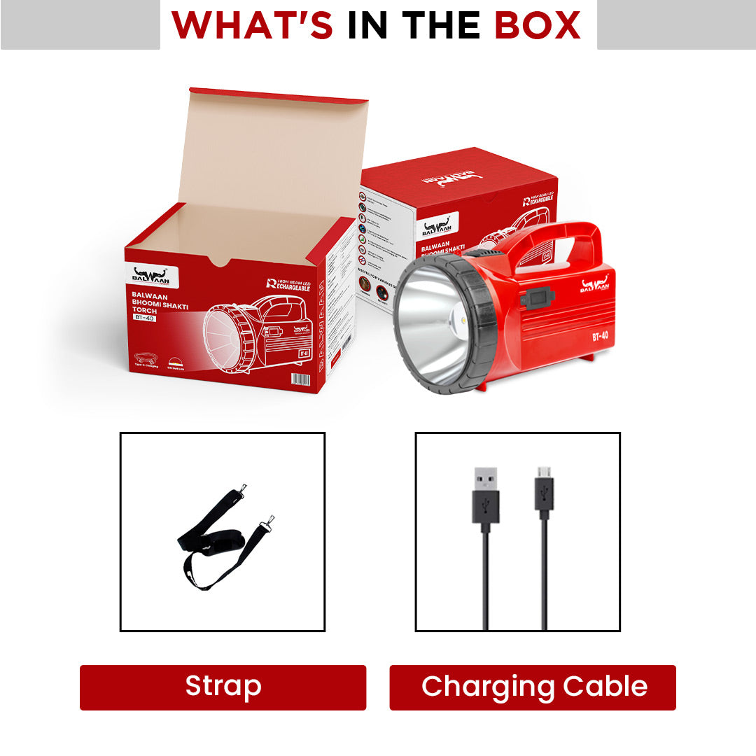 Balwaan Bhoomi Shakti Torch 5W BT-40 | 5 Watt Long Beam 4000mAH li-ion Battery | for Agricultural Activities, Outdoor Activities, Home use | Get a Charging Cabel Free|BT-40