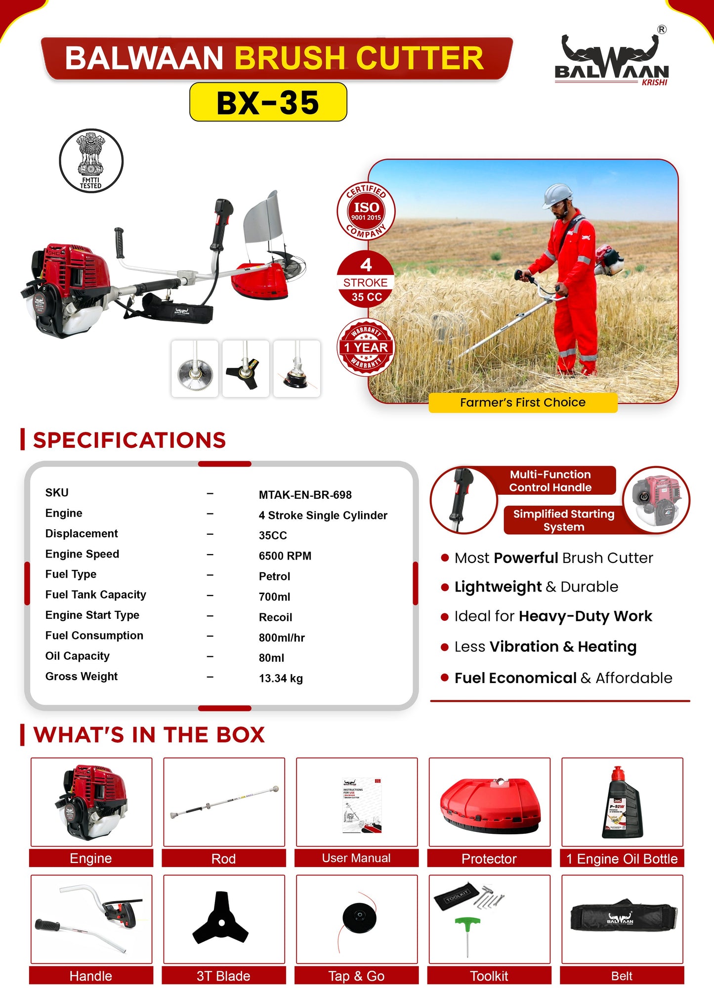 Balwaan Krishi Brush Cutter 35cc Petrol Engine 4 Stroke Side Pack Crop Cutter BX-35