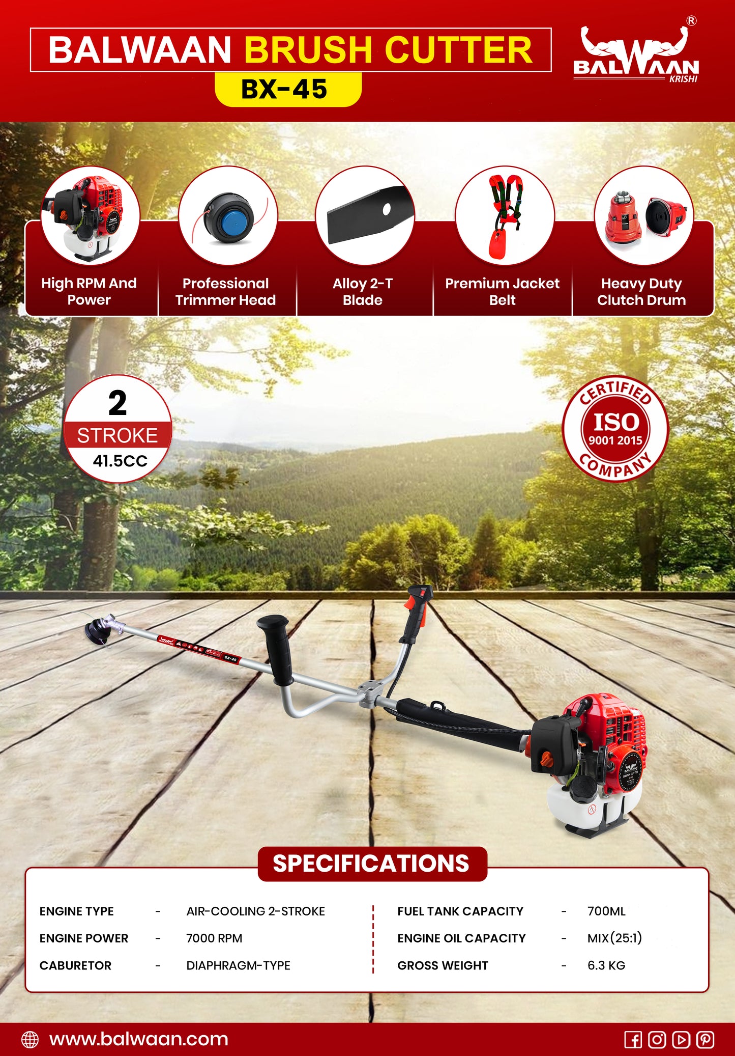 Balwaan Side Pack 2-Stroke Brush Cutter BX-45 | 41.5cc 2-Stroke Petrol Engine | Professional Trimmer with Diamond Cut Blade
