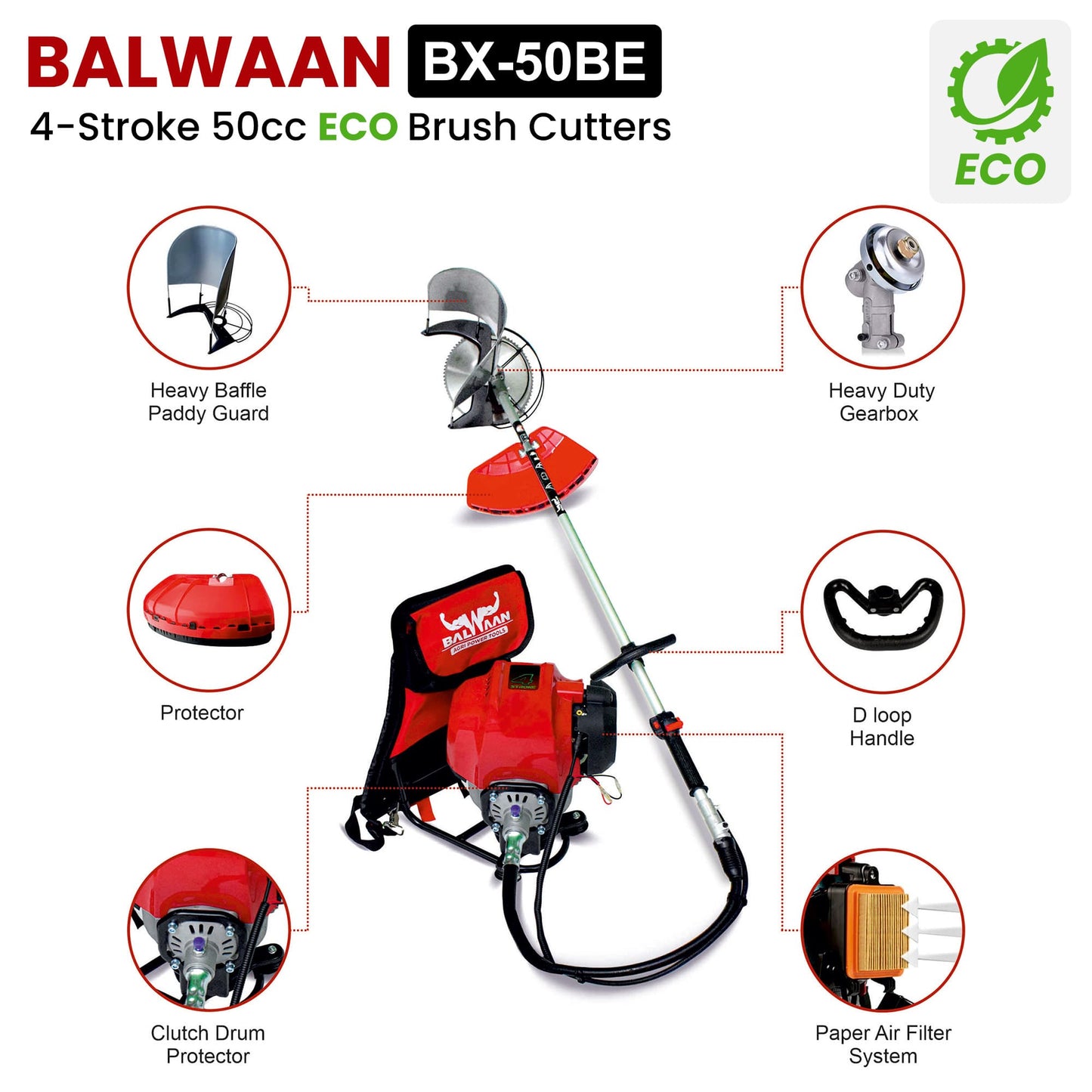 Balwaan Back Pack Brush Cutter Bx-50B | 50cc 4 Stroke Petrol Operated Crop Cutter Machine | Backpack Design for Comfortable Operation for Harvest Paddy & Wheat