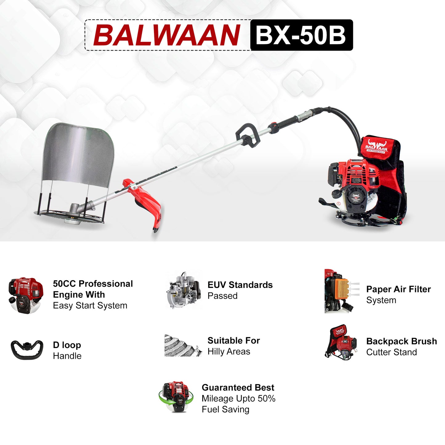 Balwaan Back Pack Brush Cutter Bx-50B | 50cc 4 Stroke Petrol Operated Crop Cutter Machine | Backpack Design for Comfortable Operation for Harvest Paddy & Wheat
