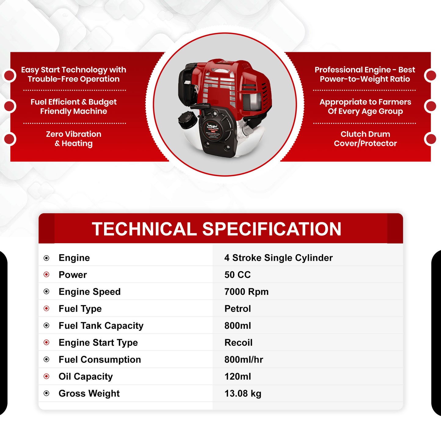 Balwaan Back Pack Brush Cutter Bx-50B | 50cc 4 Stroke Petrol Operated Crop Cutter Machine | Backpack Design for Comfortable Operation for Harvest Paddy & Wheat