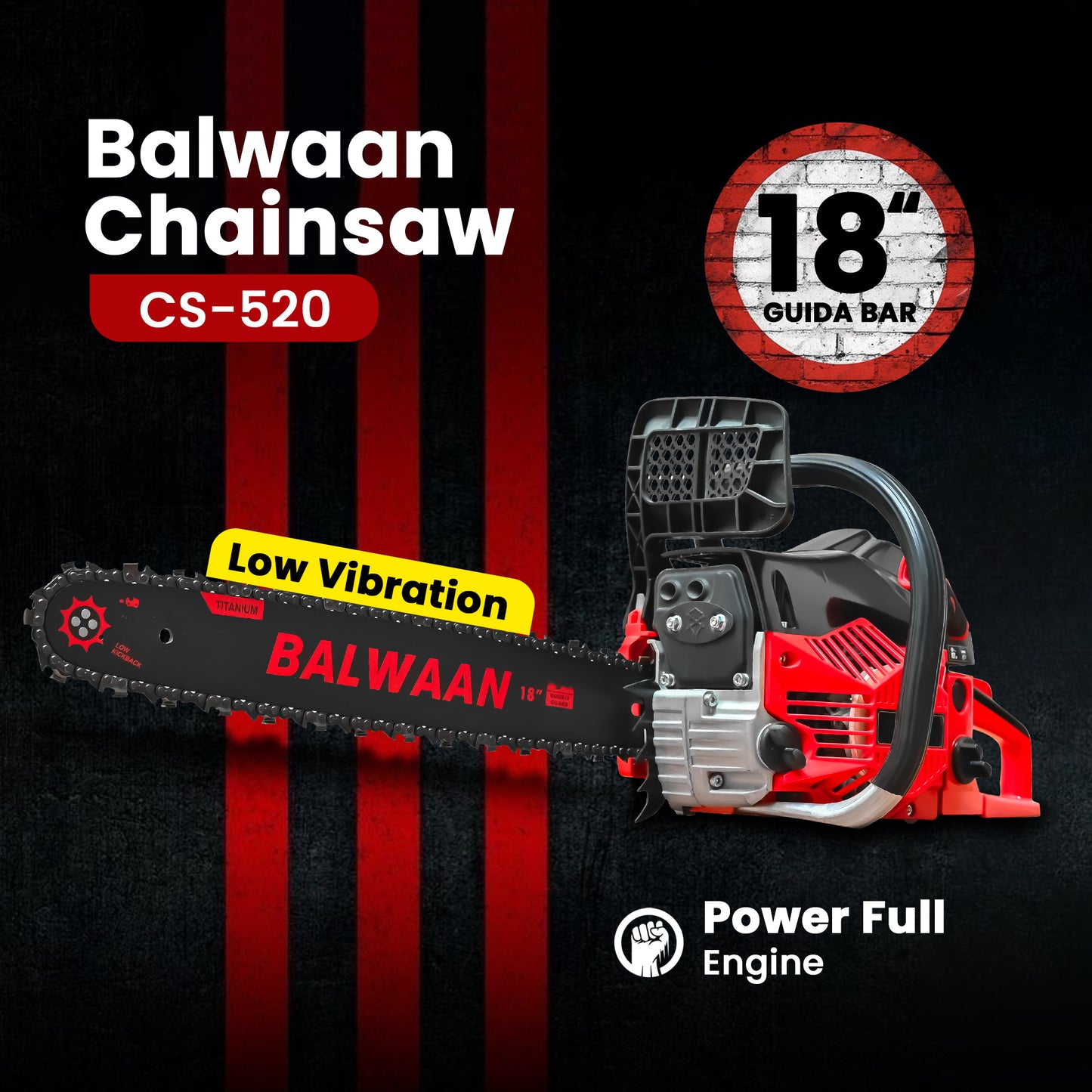 Balwaan Petrol Chainsaw| 52cc 2-Stroke Engine | 18 inch Guide Bar | 0.55L Fuel Tank | Heavy-Duty Wood Cutting Tool for Farming, Tree Felling, Branch Trimming & Outdoor Use|CS-520