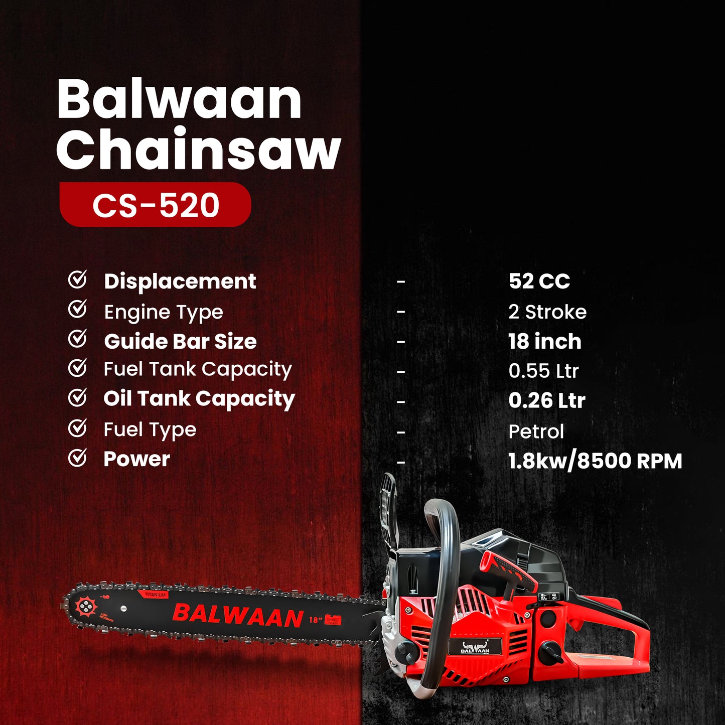 Balwaan Petrol Chainsaw| 52cc 2-Stroke Engine | 18 inch Guide Bar | 0.55L Fuel Tank | Heavy-Duty Wood Cutting Tool for Farming, Tree Felling, Branch Trimming & Outdoor Use|CS-520