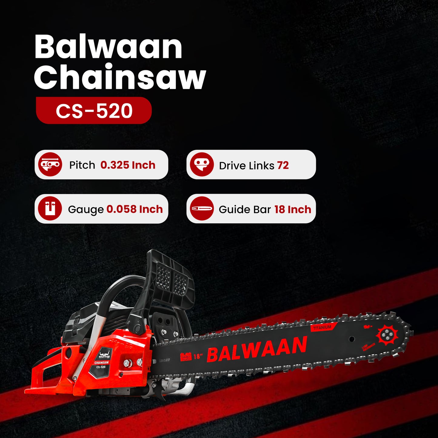 Balwaan Petrol Chainsaw| 52cc 2-Stroke Engine | 18 inch Guide Bar | 0.55L Fuel Tank | Heavy-Duty Wood Cutting Tool for Farming, Tree Felling, Branch Trimming & Outdoor Use|CS-520