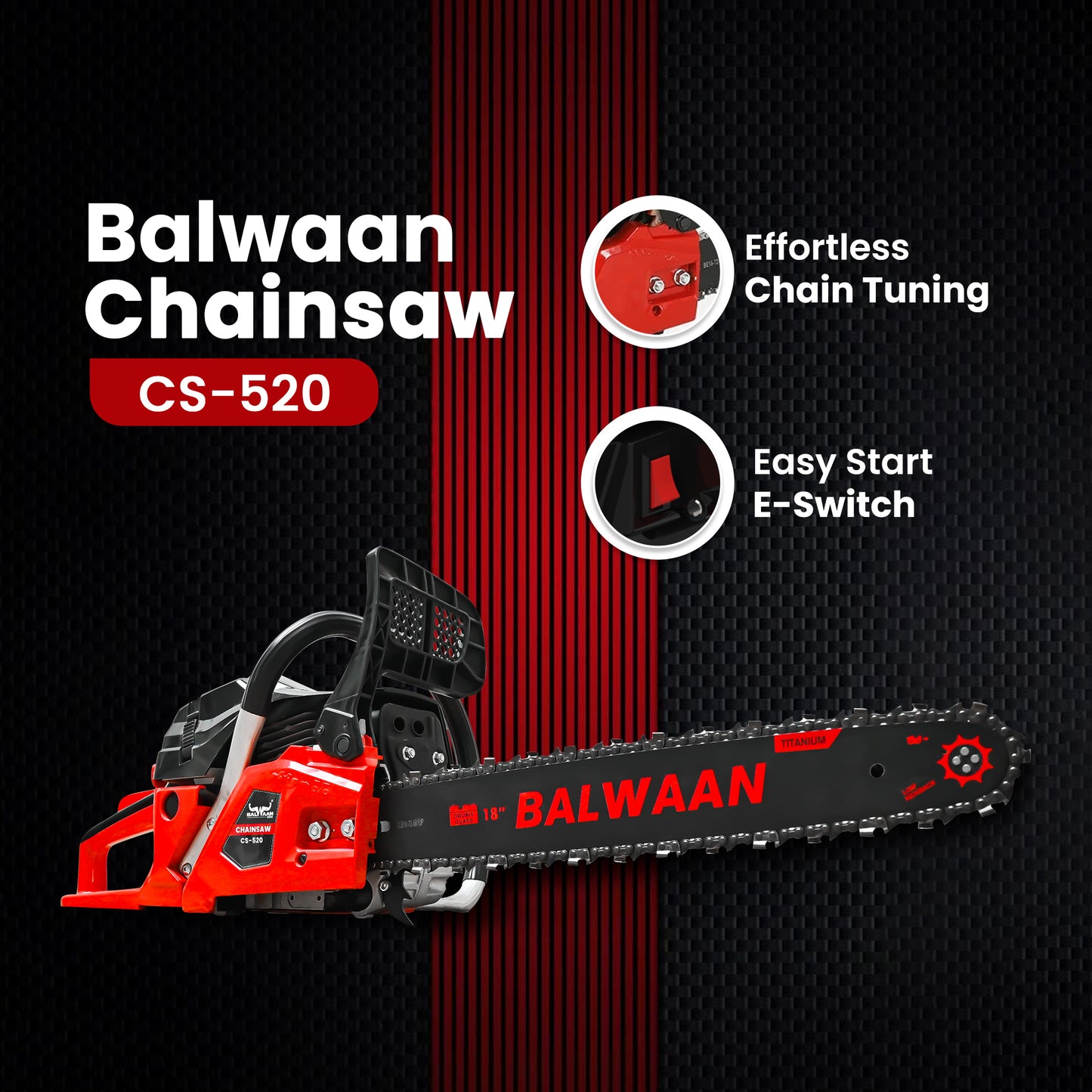 Balwaan Petrol Chainsaw| 52cc 2-Stroke Engine | 18 inch Guide Bar | 0.55L Fuel Tank | Heavy-Duty Wood Cutting Tool for Farming, Tree Felling, Branch Trimming & Outdoor Use|CS-520