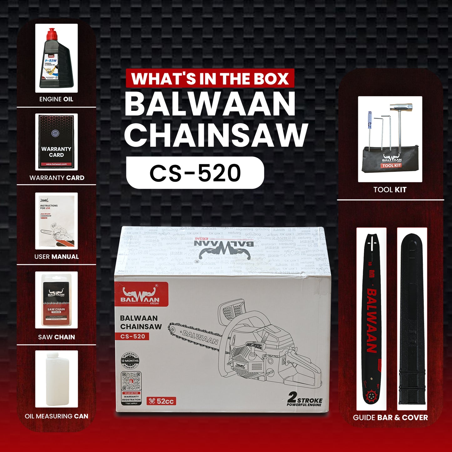 Balwaan Petrol Chainsaw| 52cc 2-Stroke Engine | 18 inch Guide Bar | 0.55L Fuel Tank | Heavy-Duty Wood Cutting Tool for Farming, Tree Felling, Branch Trimming & Outdoor Use|CS-520