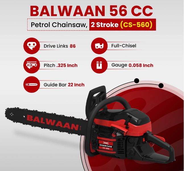 Balwaan Petrol Chainsaw | 56cc 2-Stroke Engine | 22-Inch Bar | CS-560