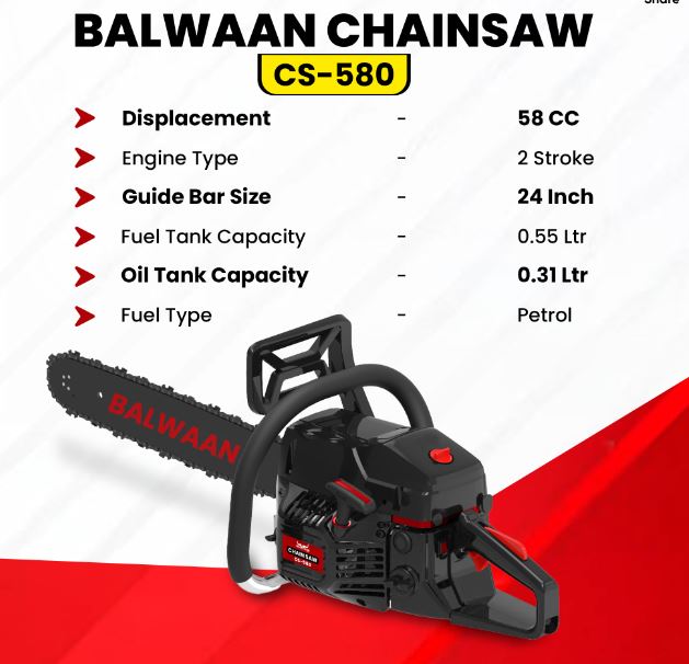Balwaan Krishi Petrol Chainsaw | 58cc 2-Stroke Engine | 24-Inch Guide Bar | 13,500 RPM | Powerful Chainsaw for Cutting Wood, Trees, Firewood | Ideal for Farming, Gardening, Logging|CS-580