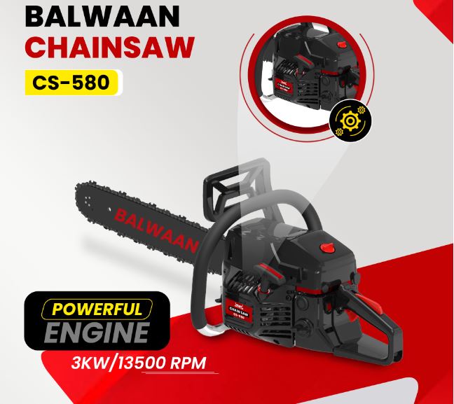 Balwaan Krishi Petrol Chainsaw | 58cc 2-Stroke Engine | 24-Inch Guide Bar | 13,500 RPM | Powerful Chainsaw for Cutting Wood, Trees, Firewood | Ideal for Farming, Gardening, Logging|CS-580