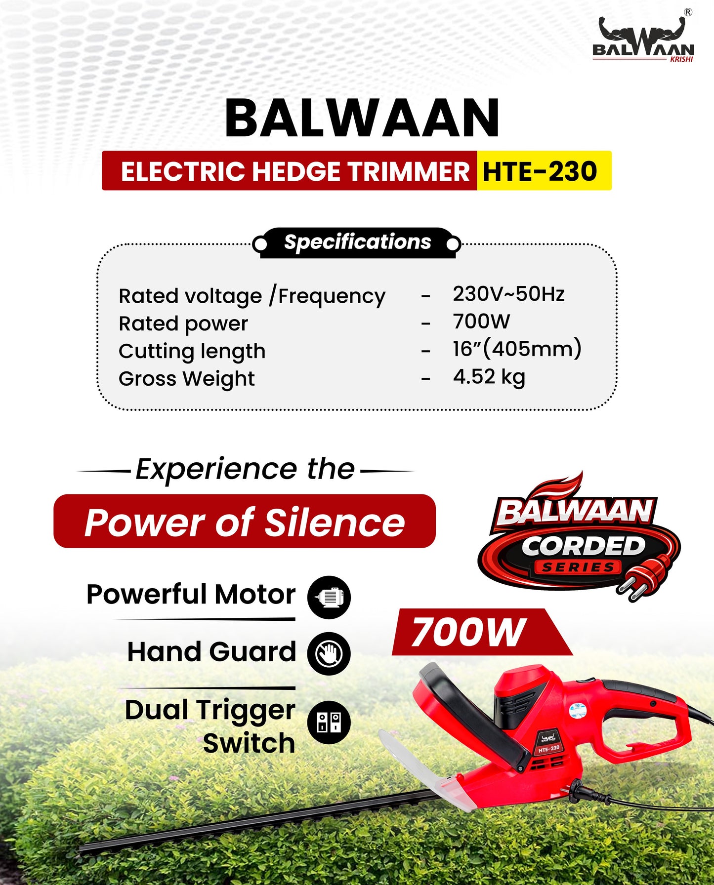 Balwaan Krishi Electric Pole Hedge Trimmer | 450W Electric Hedge Cutter | 16-Inch Blade | Adjustable Head | Lightweight, Low Noise Hedge Trimmer for Garden, Park & Tall Hedges | HTE-230