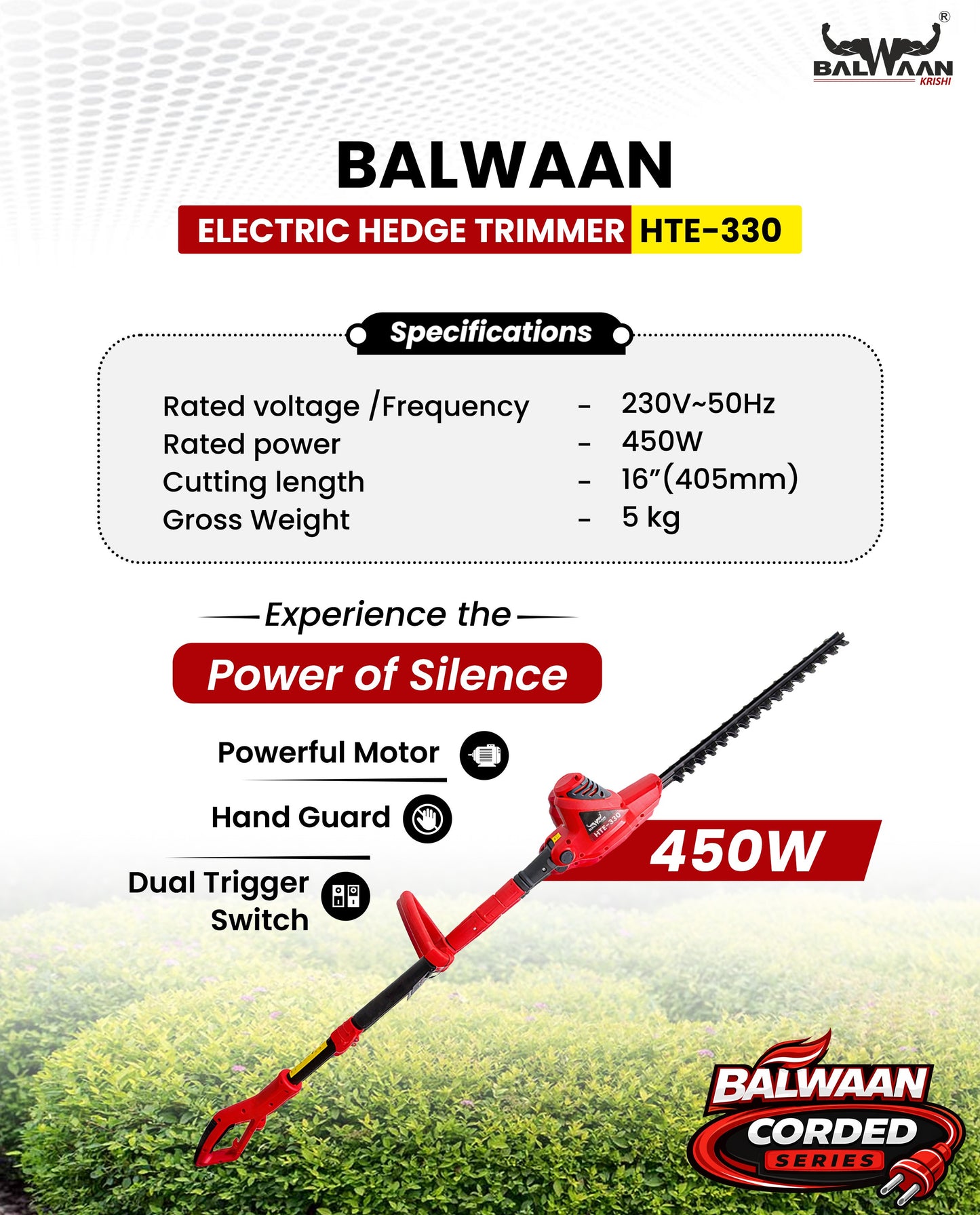 Balwaan Krishi Electric Pole Hedge Trimmer | 450W Electric Hedge Cutter | 16-Inch Blade | Adjustable Head | Lightweight, Low Noise Hedge Trimmer for Garden, Park & Tall Hedges | HTE-330