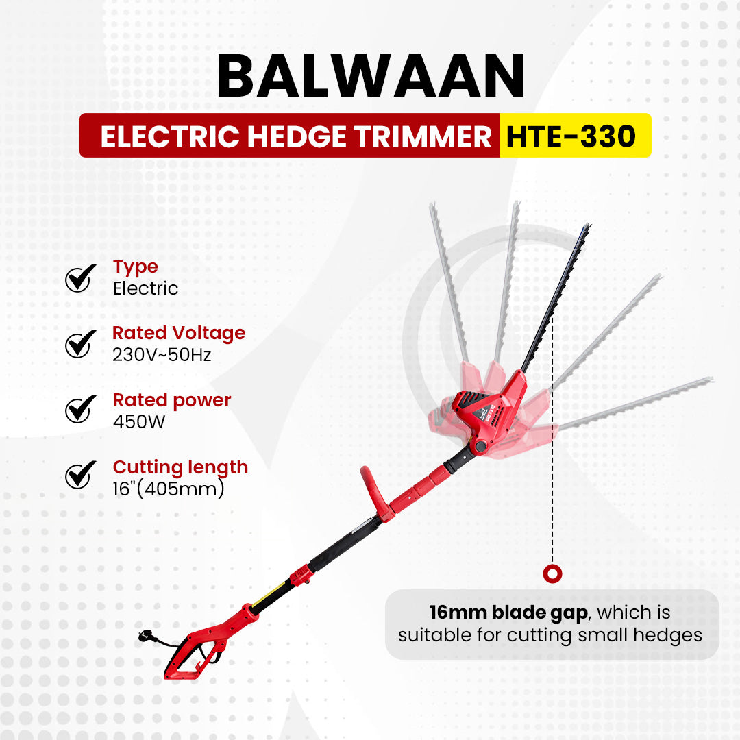 Balwaan Krishi Electric Pole Hedge Trimmer | 450W Electric Hedge Cutter | 16-Inch Blade | Adjustable Head | Lightweight, Low Noise Hedge Trimmer for Garden, Park & Tall Hedges | HTE-330
