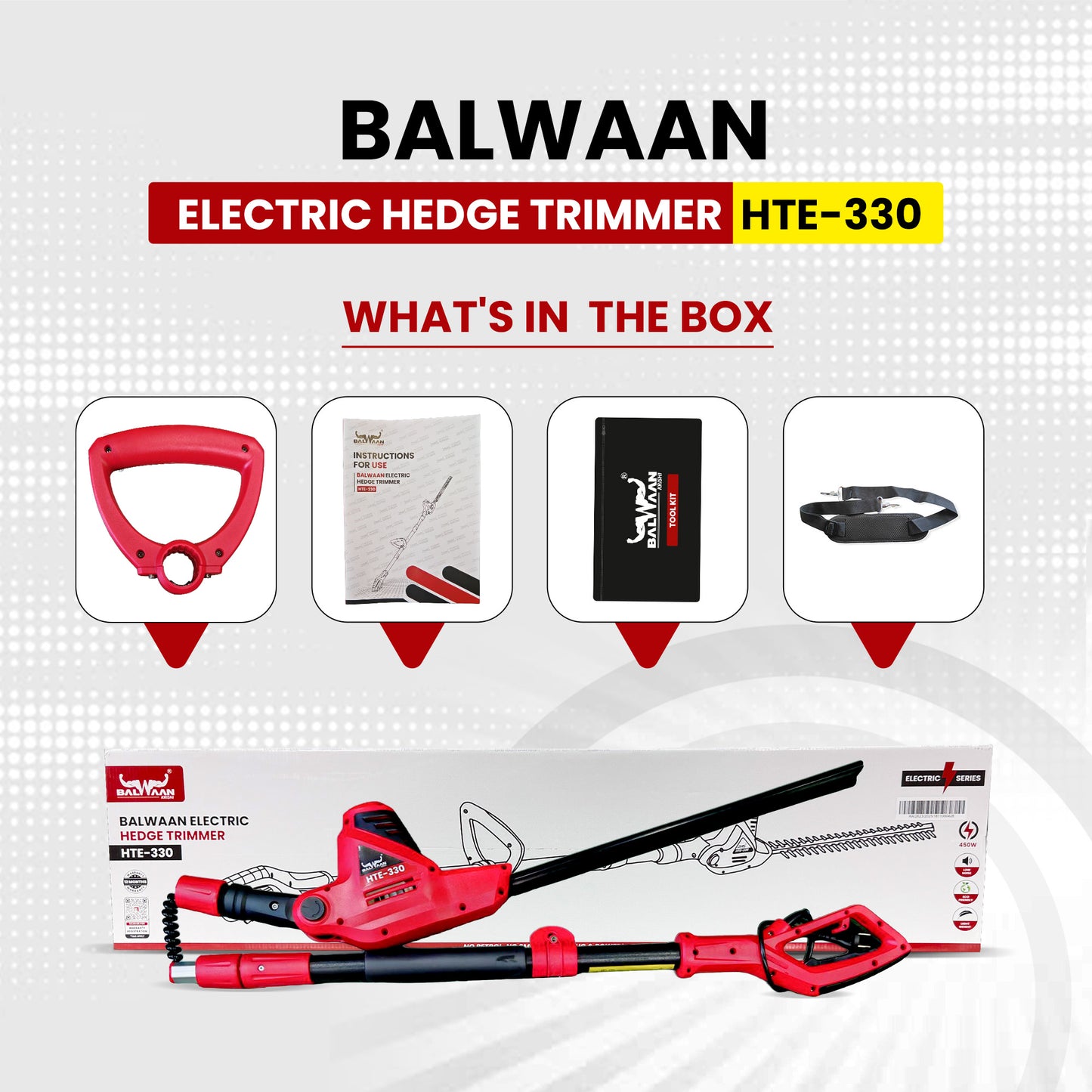 Balwaan Krishi Electric Pole Hedge Trimmer | 450W Electric Hedge Cutter | 16-Inch Blade | Adjustable Head | Lightweight, Low Noise Hedge Trimmer for Garden, Park & Tall Hedges | HTE-330