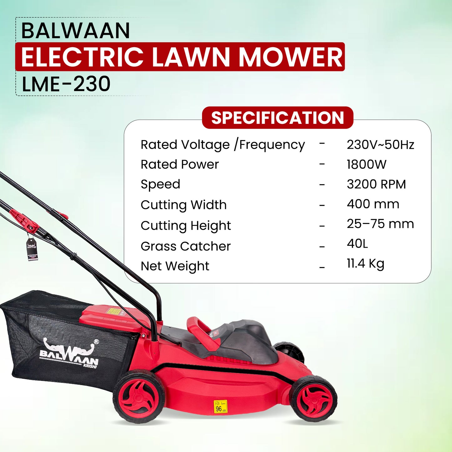 Balwaan Krishi Electric Lawn Mower |1800W Heavy Duty Electric Grass Cutter Machine | 16 Inch Lawn Mower for Garden & Home | 40L Grass Catcher | Lawn Grass Cutting Machine | 12 Months Warranty LME-230