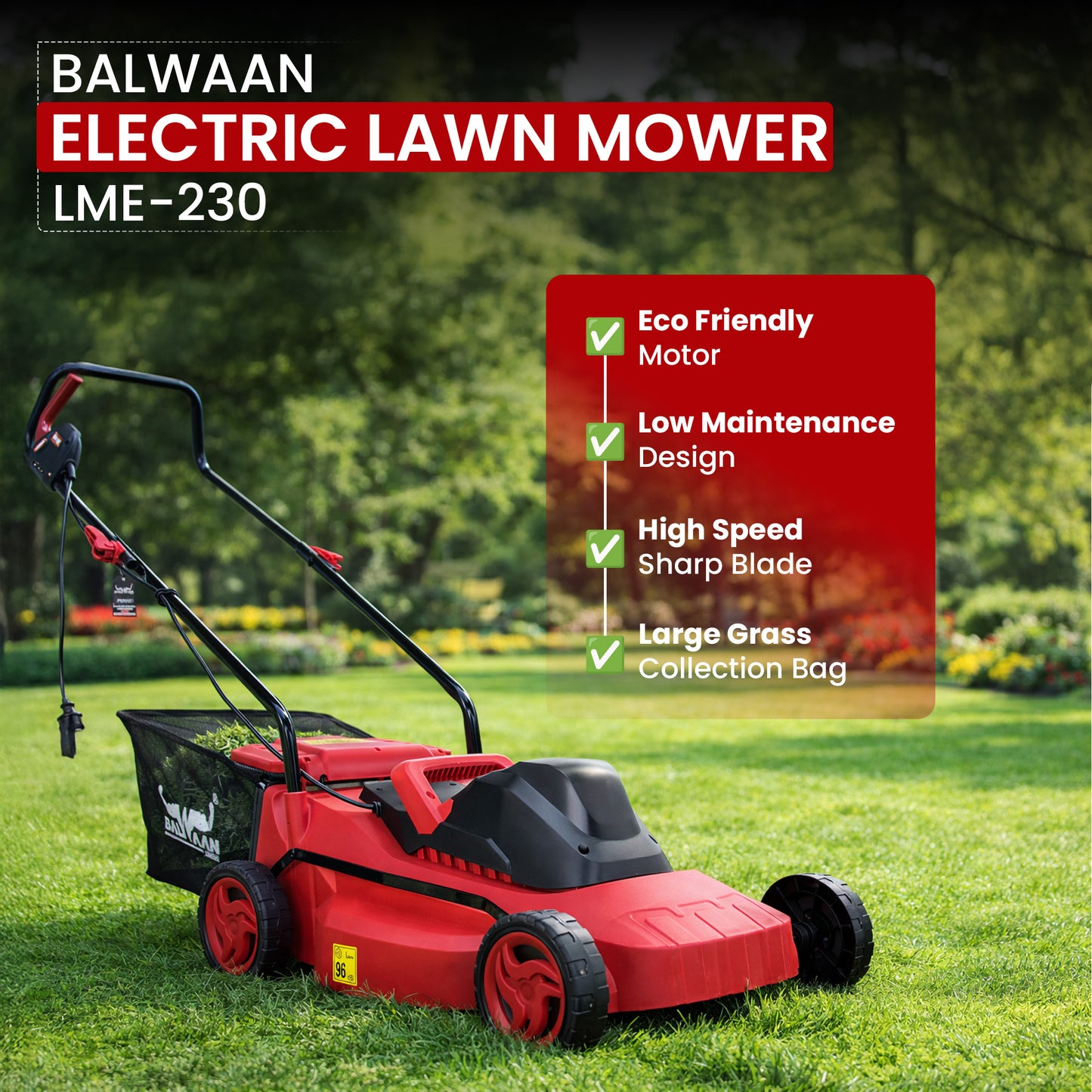 Balwaan Krishi Electric Lawn Mower |1800W Heavy Duty Electric Grass Cutter Machine | 16 Inch Lawn Mower for Garden & Home | 40L Grass Catcher | Lawn Grass Cutting Machine | 12 Months Warranty LME-230