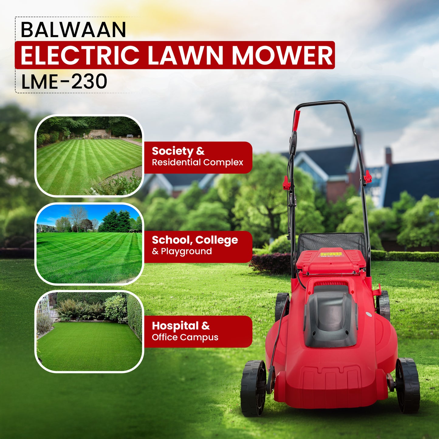 Balwaan Krishi Electric Lawn Mower |1800W Heavy Duty Electric Grass Cutter Machine | 16 Inch Lawn Mower for Garden & Home | 40L Grass Catcher | Lawn Grass Cutting Machine | 12 Months Warranty LME-230
