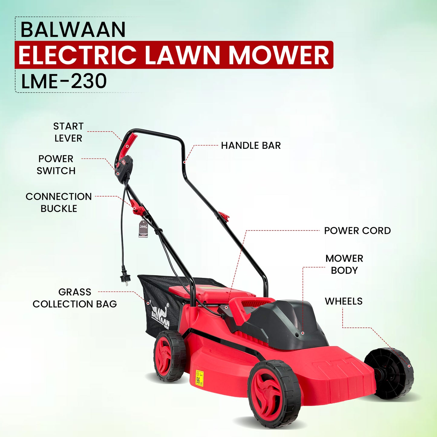 Balwaan Krishi Electric Lawn Mower |1800W Heavy Duty Electric Grass Cutter Machine | 16 Inch Lawn Mower for Garden & Home | 40L Grass Catcher | Lawn Grass Cutting Machine | 12 Months Warranty LME-230