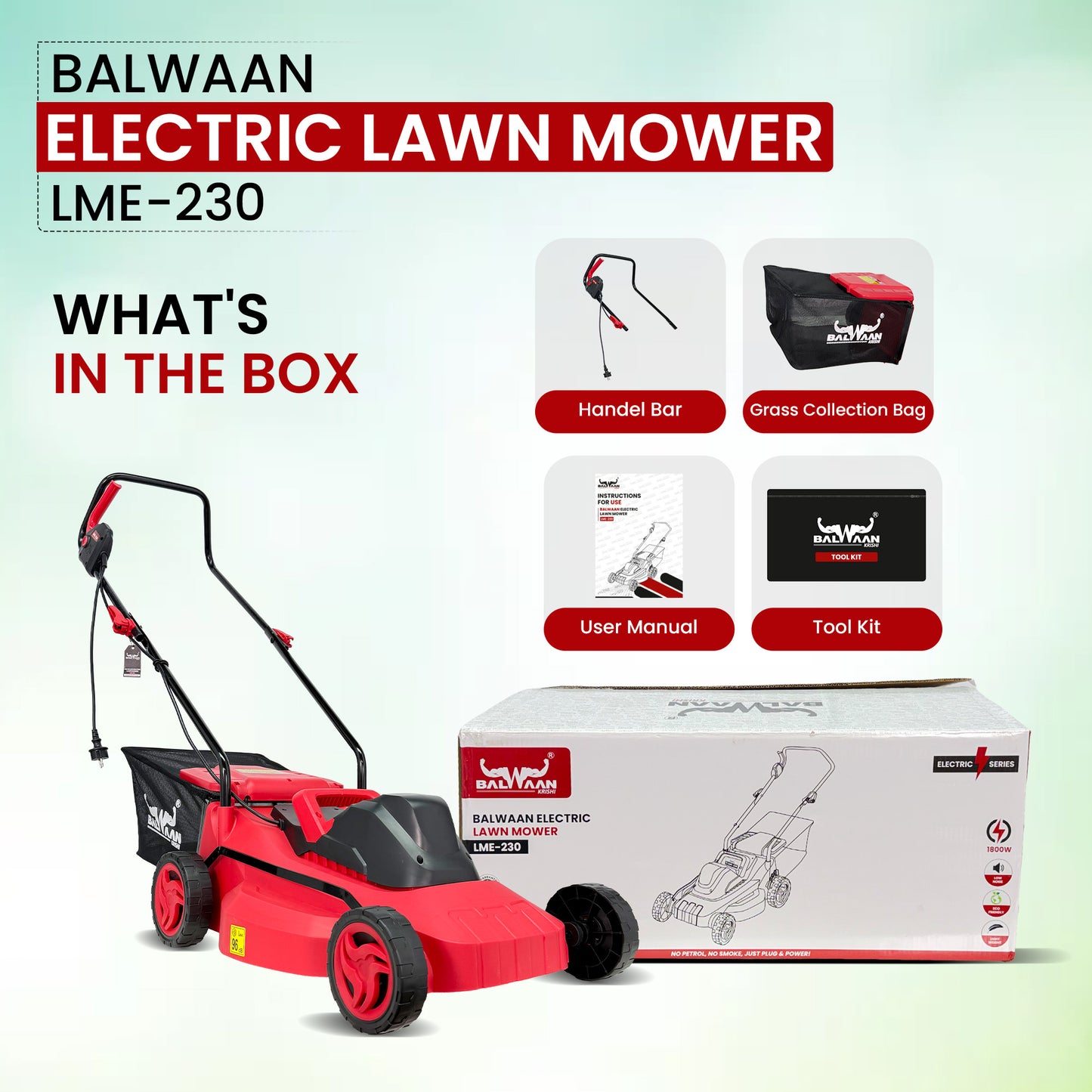 Balwaan Krishi Electric Lawn Mower |1800W Heavy Duty Electric Grass Cutter Machine | 16 Inch Lawn Mower for Garden & Home | 40L Grass Catcher | Lawn Grass Cutting Machine | 12 Months Warranty LME-230