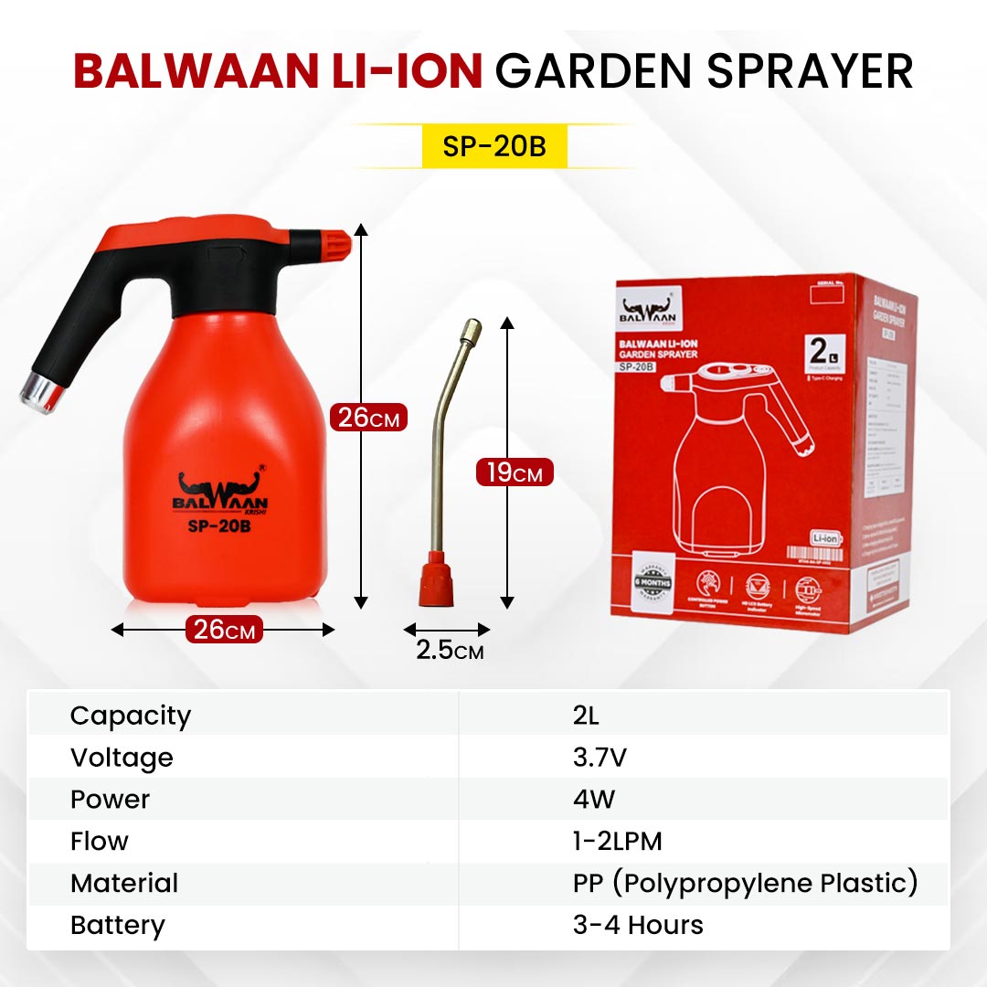 Balwaan Li-ion Battery Sprayer (2 Liters) SP-20B | Automatic Watering Can for Garden | Li-ion Battery Powered Spray Bottle | Useful in Irrigation & Pest Control in Farm