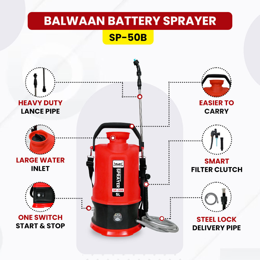 Balwaan Li-ion Battery Sprayer (5 Liters) SP-50B | Battery Operated High-Pressure Sprayer with 5 Litre Tank Capacity | Ideal for Gardening, Agriculture, Lawn Care and Household Cleaning