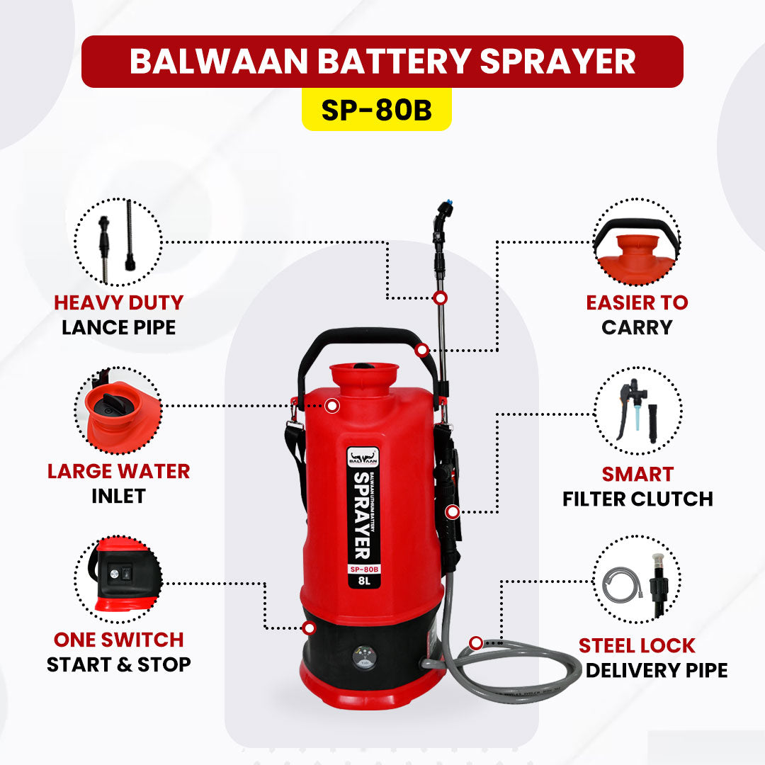 Balwaan Li-ion Battery Sprayer (8 Liters) SP-80B | 12 Volts x 2.6 Ampere Battery Garden Spray Pump, 8 Litre Tank Capacity Suitable for Garden Pest Control, Agricultural Sprayer Pump for Farm
