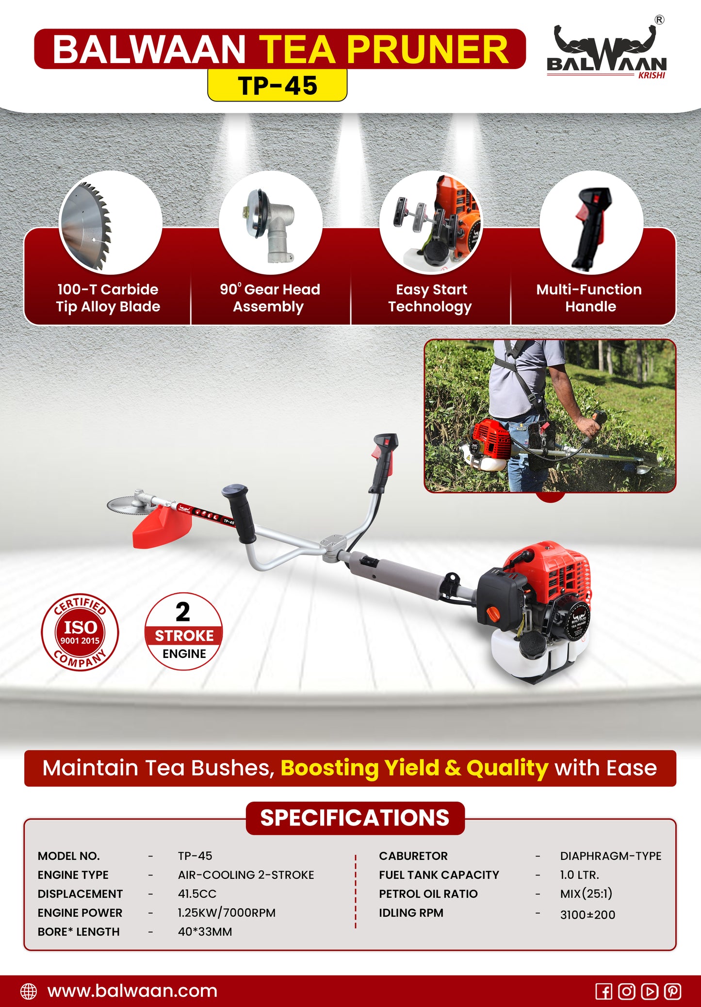 Balwaan Krishi Tea Pruner, Powerful Petrol Engine 41.5cc 2 Stroke with 100-Teeth Carbide Tip Alloy Blade Suitable for Tea Pruning & Harvesting|TP-45