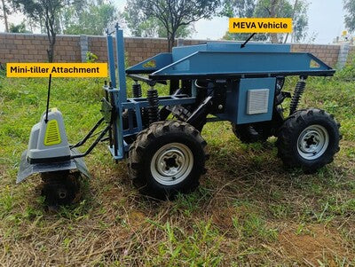 MEVA Electric Vehicle + Mini Tiller Attachment + Sprayer Attachment