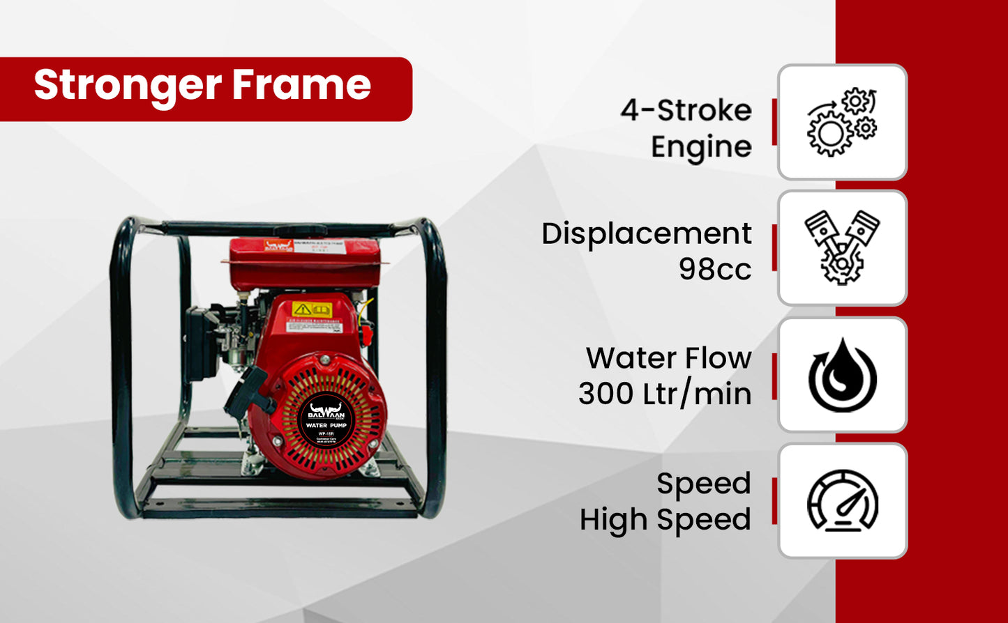 Balwaan Petrol Water Pump WP-15R 1.5 Inch Outlet 98 CC Powerful 4 Stroke Petrol Engine